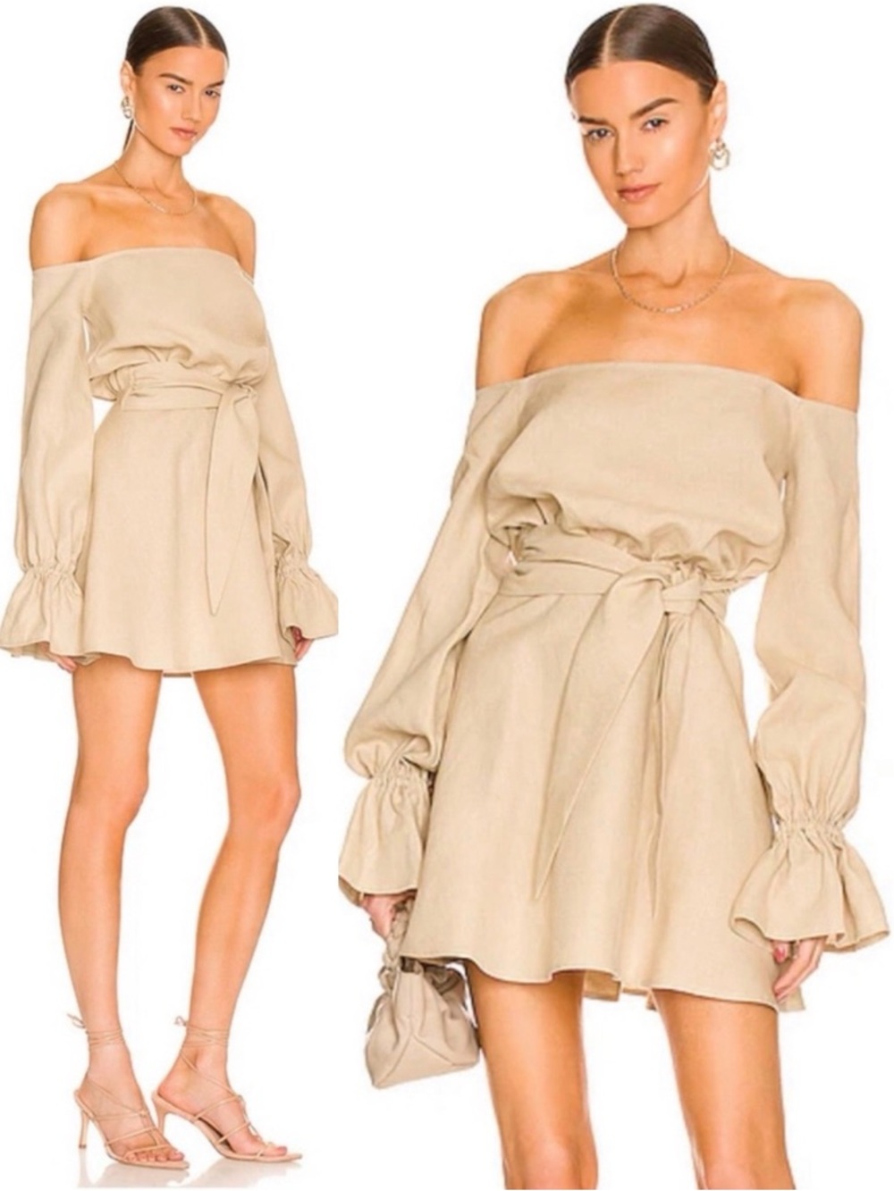 SELMACILEK Linen Caftan Mini Dress in Beige S Off Shoulder Boho Revolve Handmade